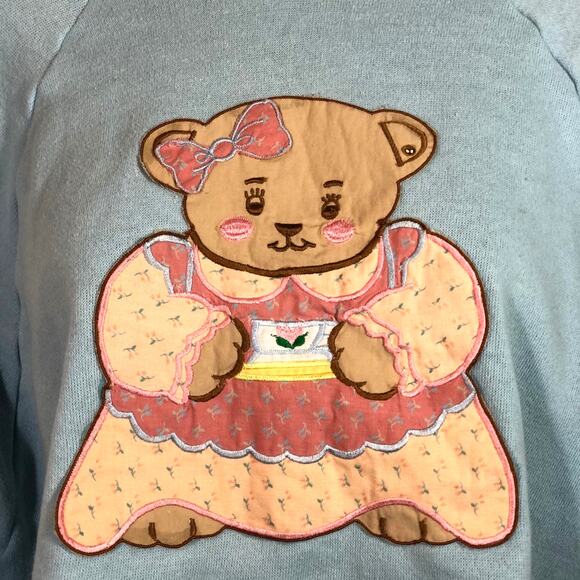 Cropped Sweatshirt Teddy Bear Applique Embroidery Light Blue Retro Vintage - Picture 2 of 10
